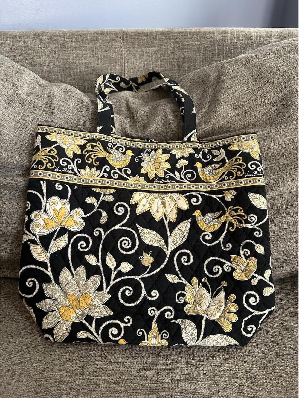 Vera Bradley Morgan Pleated Shoulder Bag Tote Black Yellow Bird Retired Pattern - Picture 2 of 9